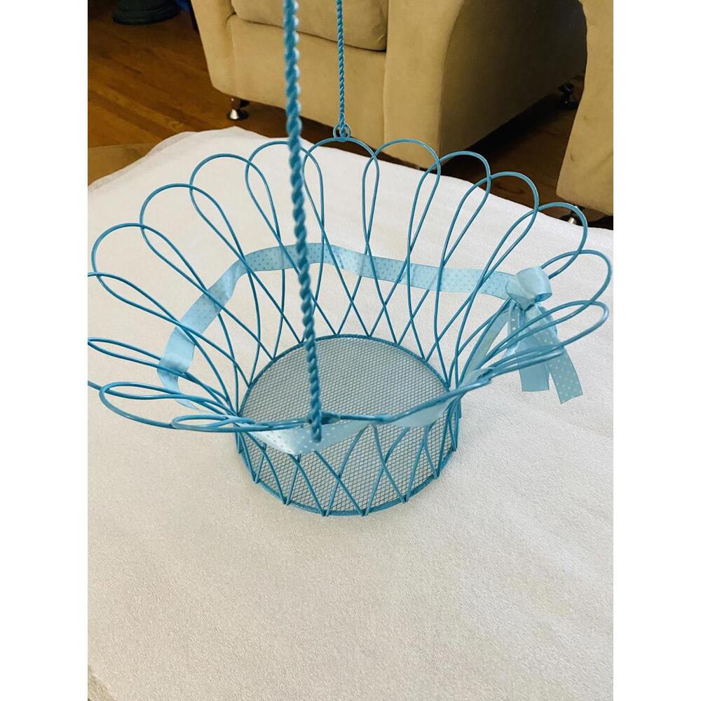 Blue Wire Basket with Decorative Ribbon